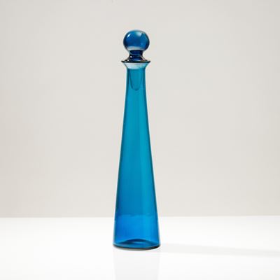 Bottiglia conica Elisir con tappo sferico in vetro soffiato, Murano 1992