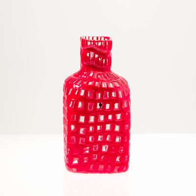 Tobia Scarpa per Venini, Vaso in vetro soffiato con decoro a murrine in cornice rosso corallo