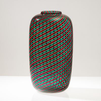 Venini, Vaso in vetro soffiato con decoro di canne policrome, Murano 1997
