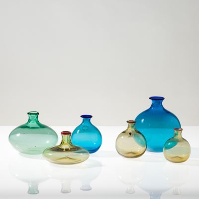 Venini, Sei vasetti globulari Monofiori in vetro soffiato (Murano, 1970-1985)