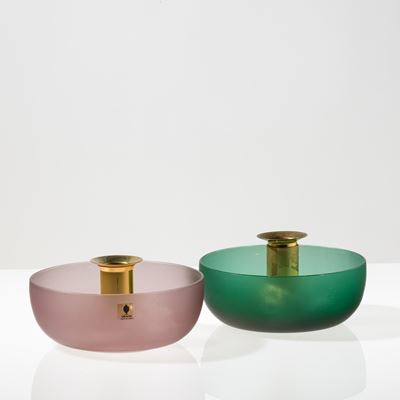 Venini, Coppia di portacandele in vetro sabbiato con montatura in ottone dorato, Murano 1979-1980