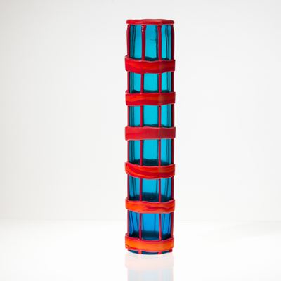 Vaso Cestino in vetro trasparente con decoro rosso antico, Murano 2004