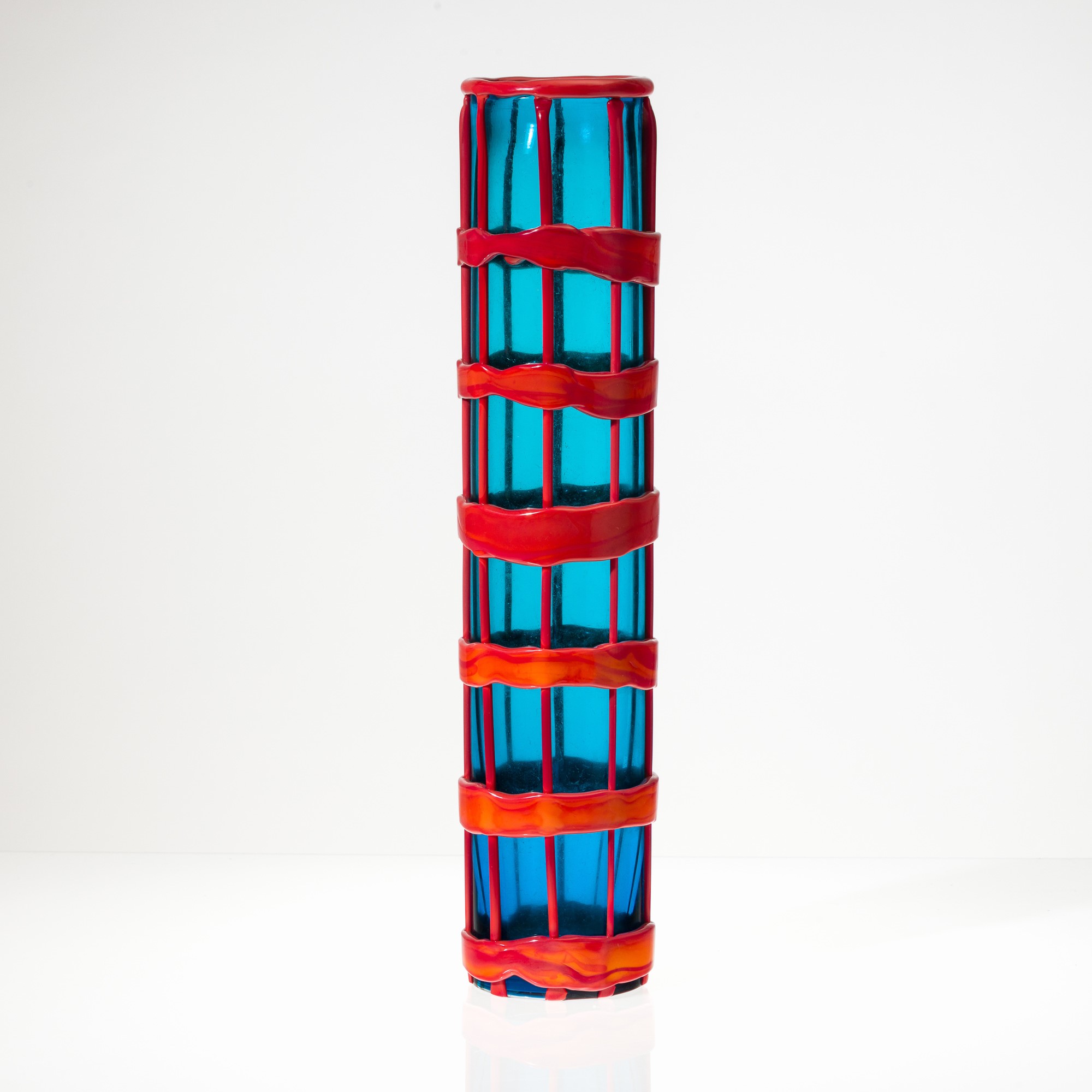 Fulvio Bianconi - Vaso Cestino in vetro trasparente con decoro rosso antico, Murano 2004