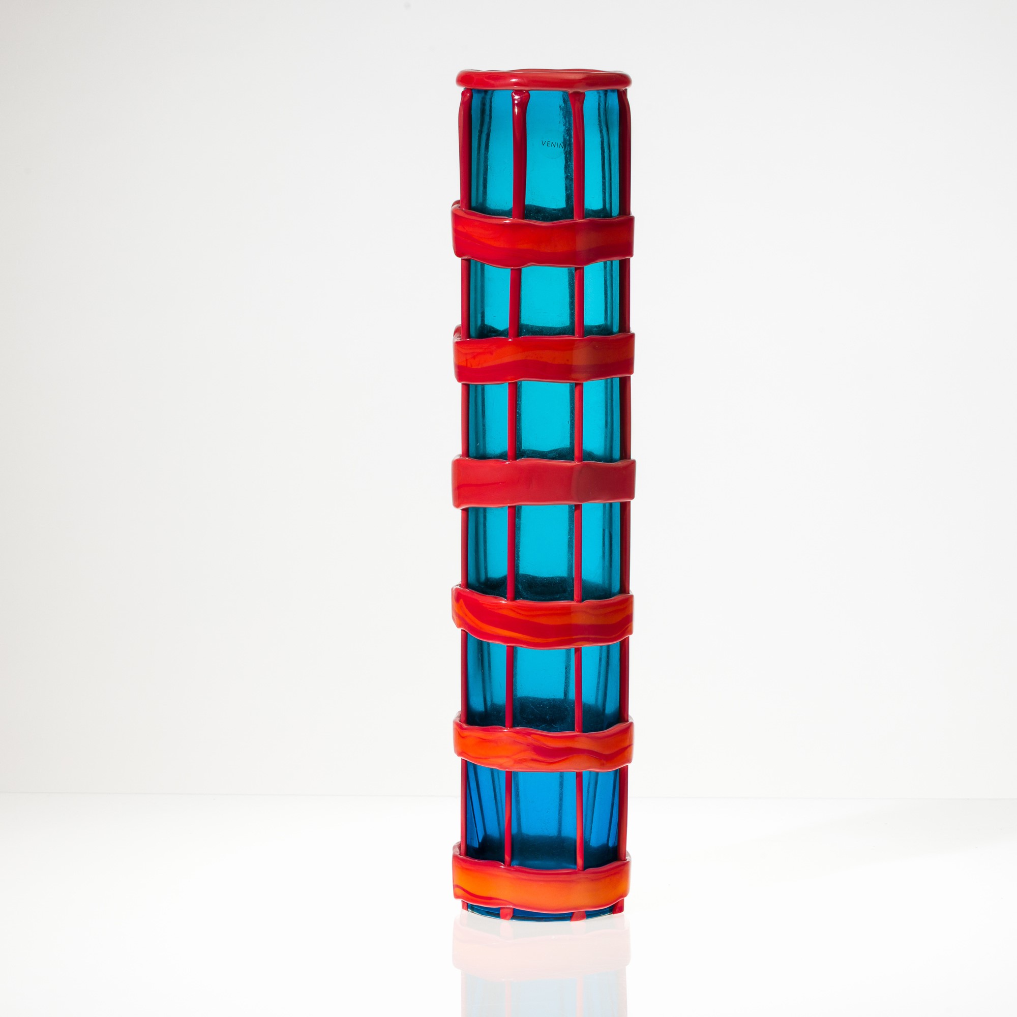 Fulvio Bianconi - Vaso Cestino in vetro trasparente con decoro rosso antico, Murano 2004