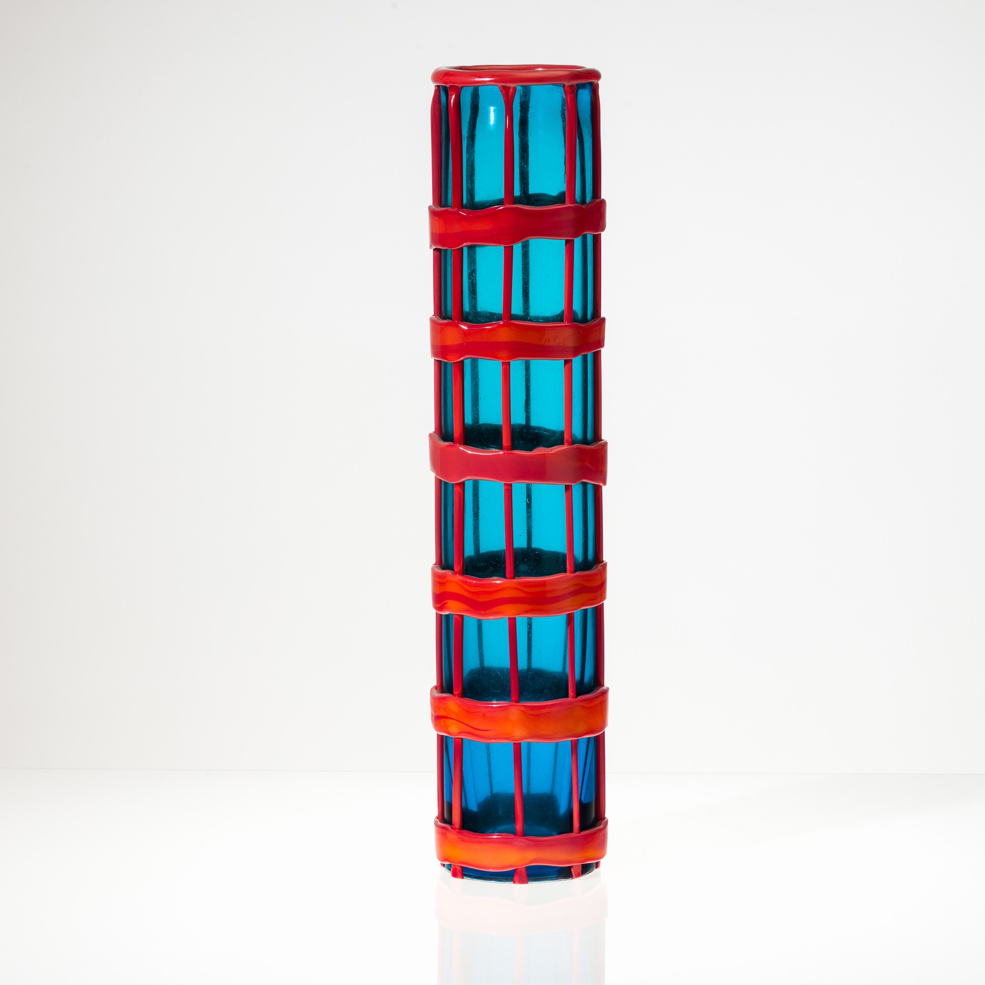 Fulvio Bianconi - Vaso Cestino in vetro trasparente con decoro rosso antico, Murano 2004