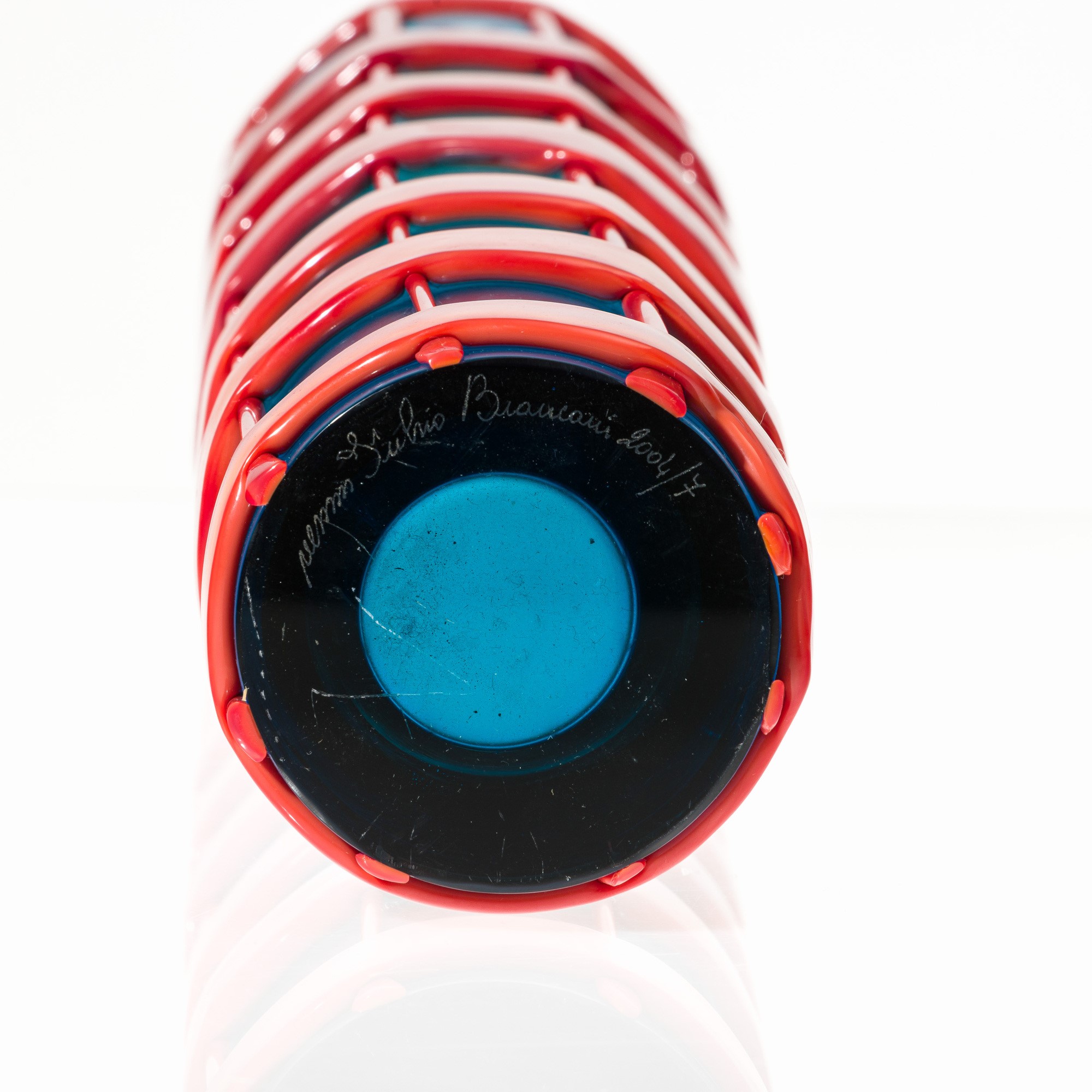 Fulvio Bianconi - Vaso Cestino in vetro trasparente con decoro rosso antico, Murano 2004