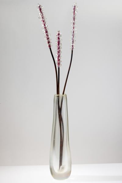 Vaso Fuochi Iridati con tre fiori, vetro pesante e rame, Murano 2009