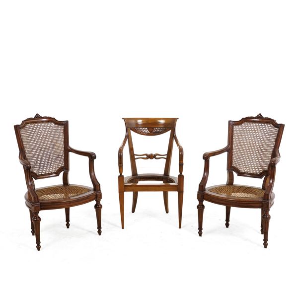 Coppia di poltrone con cannetè più sedia senza seduta