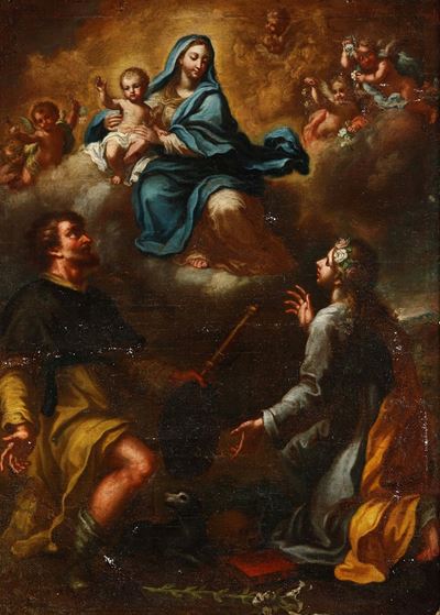 Scuola Genovese del XVIII Secolo Madonna con Bambino, Angeli, San Rocco e Santa Rosalia