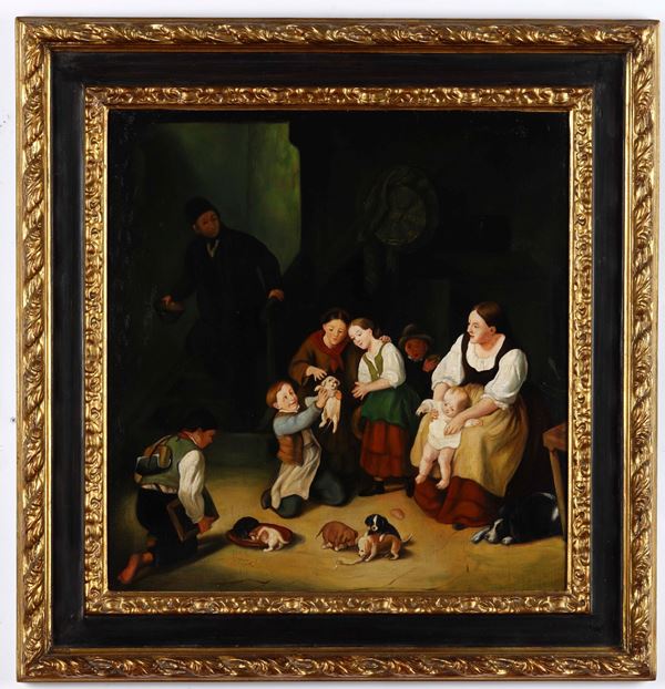 Scuola lombarda del XIX secolo Interno di casolare con contadinelli