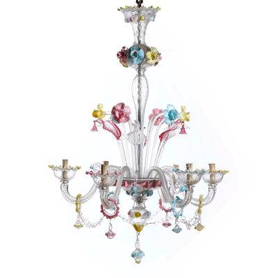 Lampadario in vetro incolore, Murano, sei luci, XIX-XX secolo