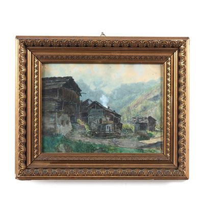 L. Calderini, Paesaggio montano con case, acquerello