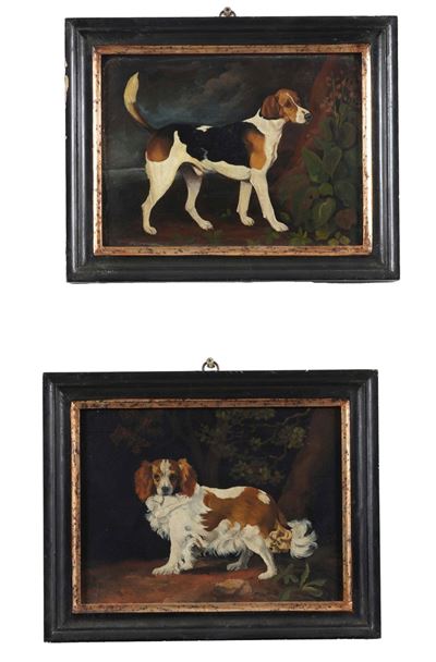 Scuola del XX secolo, Cani, coppia di dipinti a olio su rame
