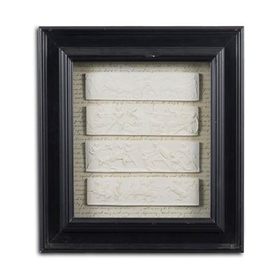 Quattro rilievi di gusto classico, gesso entro cornice