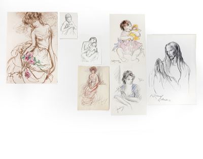 Lotto di 5 disegni e 2 stampe