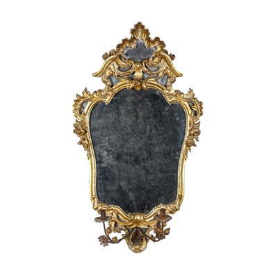 Coppia di specchiere a ventola, legno intagliato e dorato, con decoro rocaille, XVIII secolo