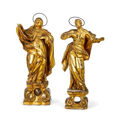 Coppia di sculture reliquiario, legno dipinto e dorato raffiguranti santo e santa monaca (arte ba...