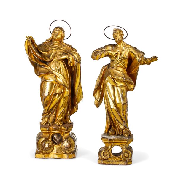 Coppia di sculture reliquiario raffiguranti santo e santa monaca. Arte barocca italiana del XVIII secolo