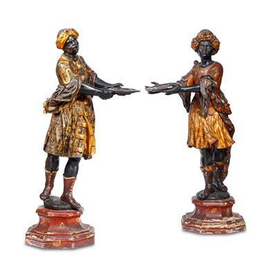 Arte barocca veneziana, Coppia di sculture di servitori mori, legno ebanizzato laccato e dorato (...