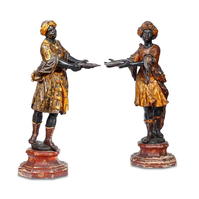 Importante coppia di sculture raffiguranti servitori mori. Arte barocca veneziana, XVIII secolo  - Asta Dimore Italiane - Cambi Casa d'Aste