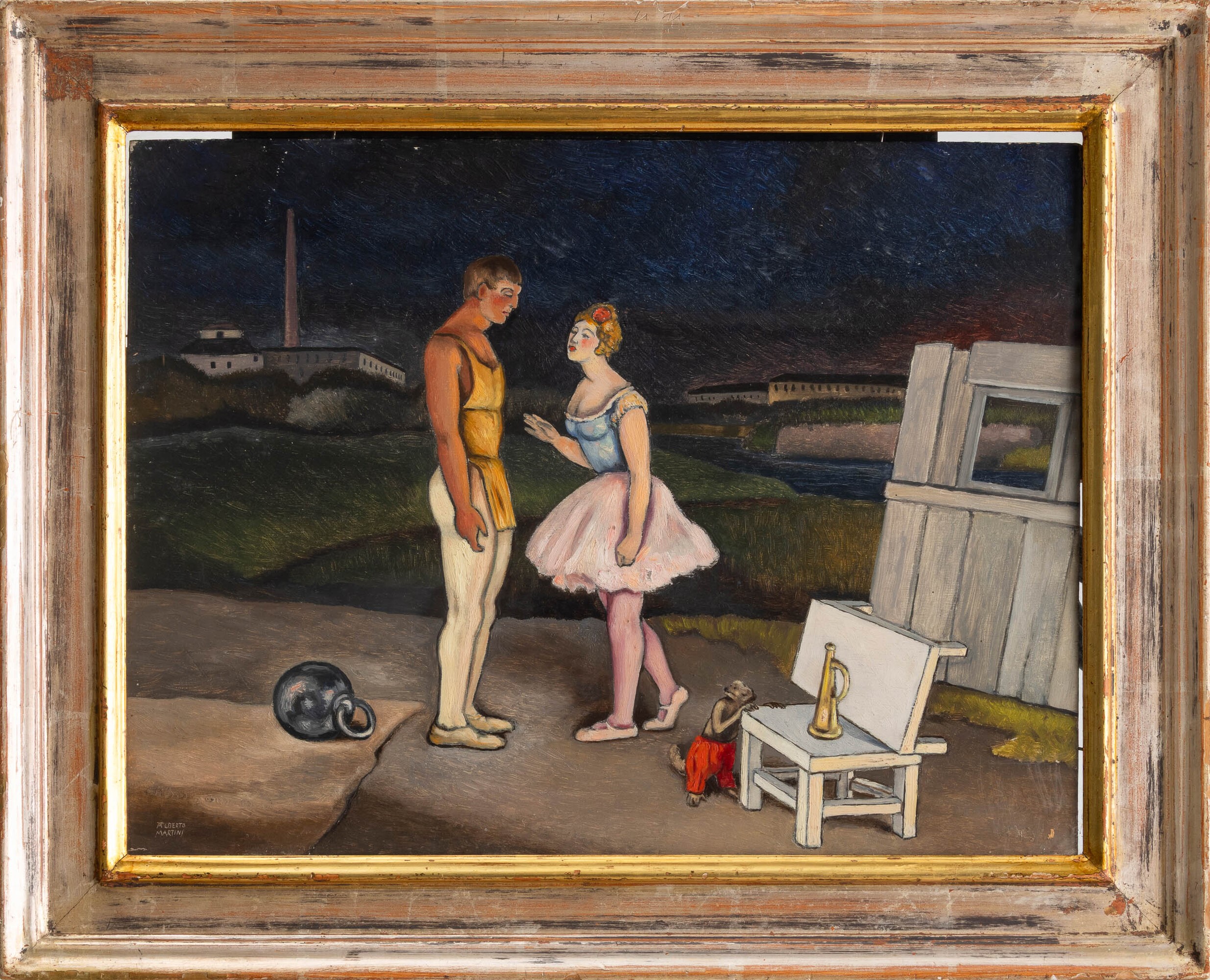 Alberto Martini - Lo spettacolo è imminente - L'atleta e la funambula, olio su tavola