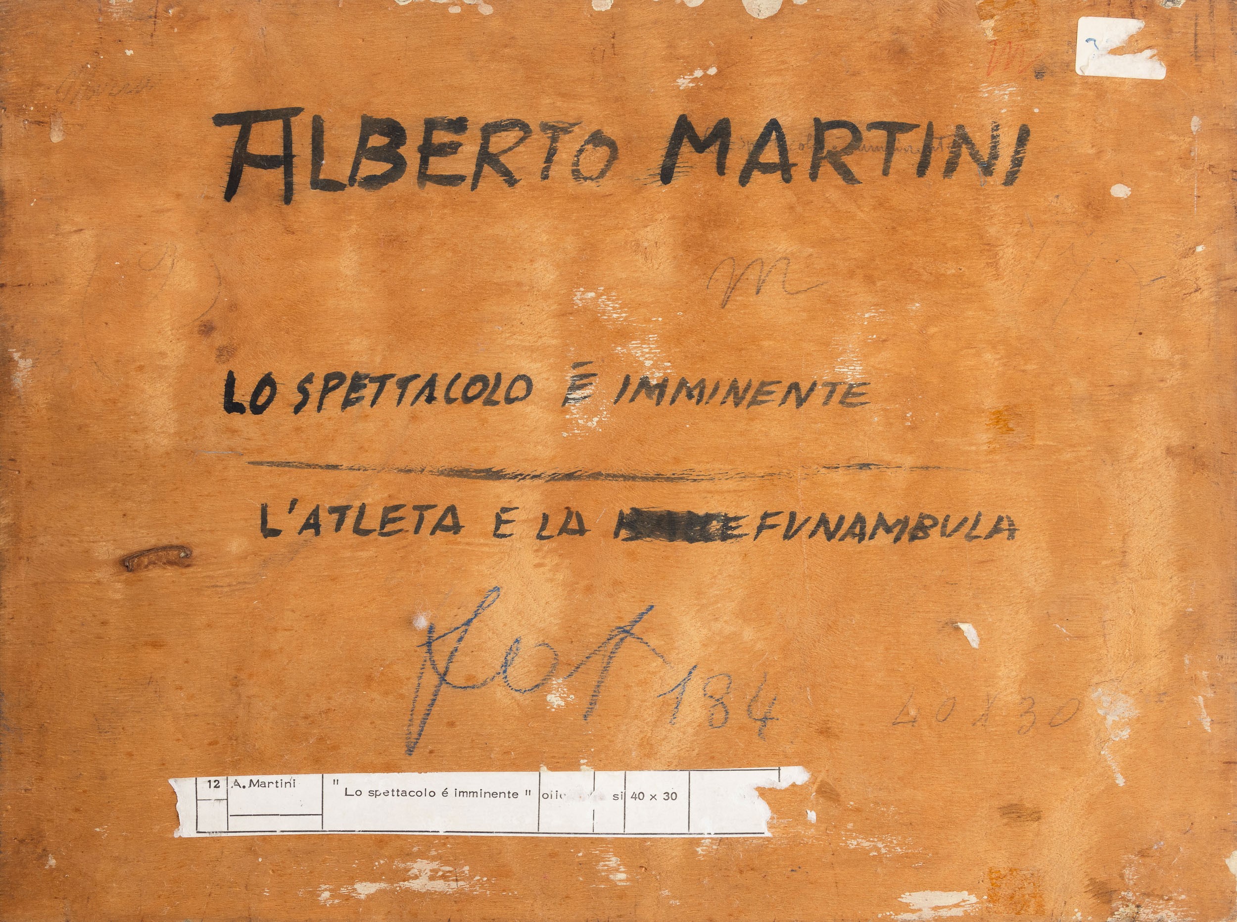 Alberto Martini - Lo spettacolo è imminente - L'atleta e la funambula, olio su tavola
