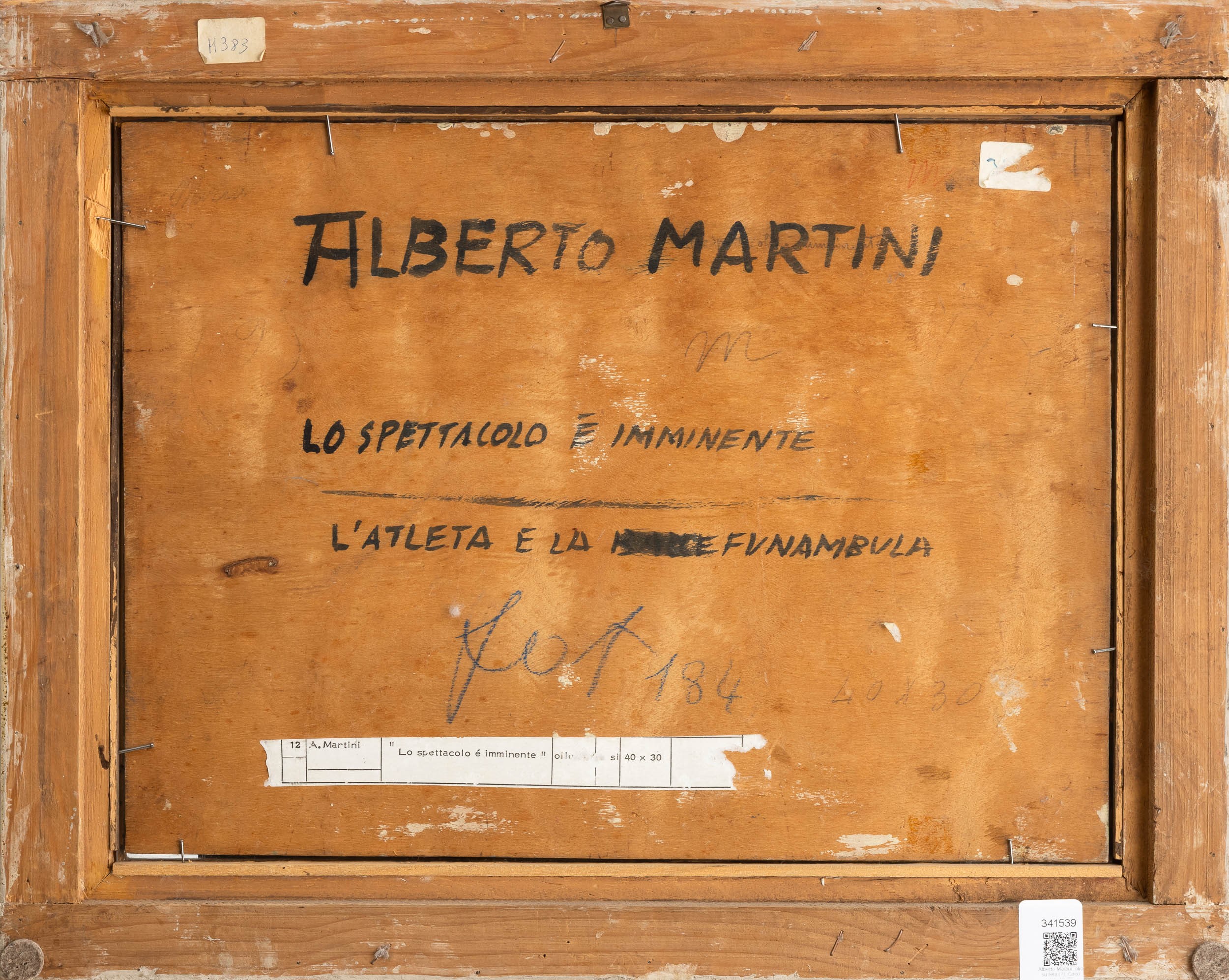 Alberto Martini - Lo spettacolo è imminente - L'atleta e la funambula, olio su tavola