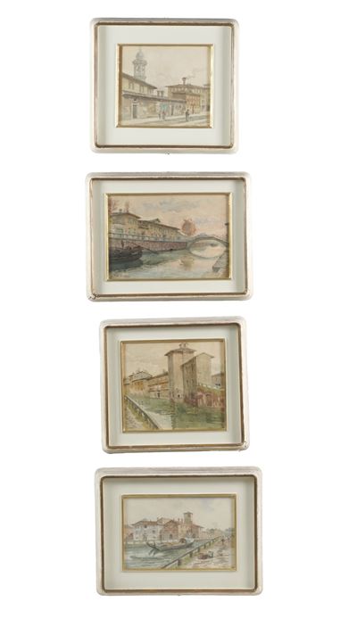 Quattro vedute dei navigli di Milano, acquerelli su carta
