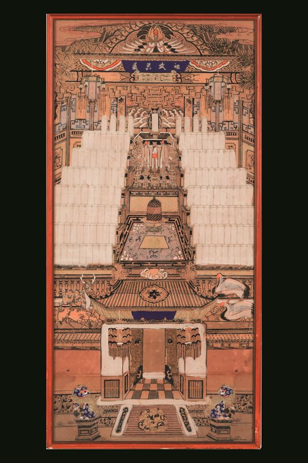 Raro pannello dipinto raffigurante tempio con antenati e iscrizioni, Cina, Dinastia Qing, XIX secolo
