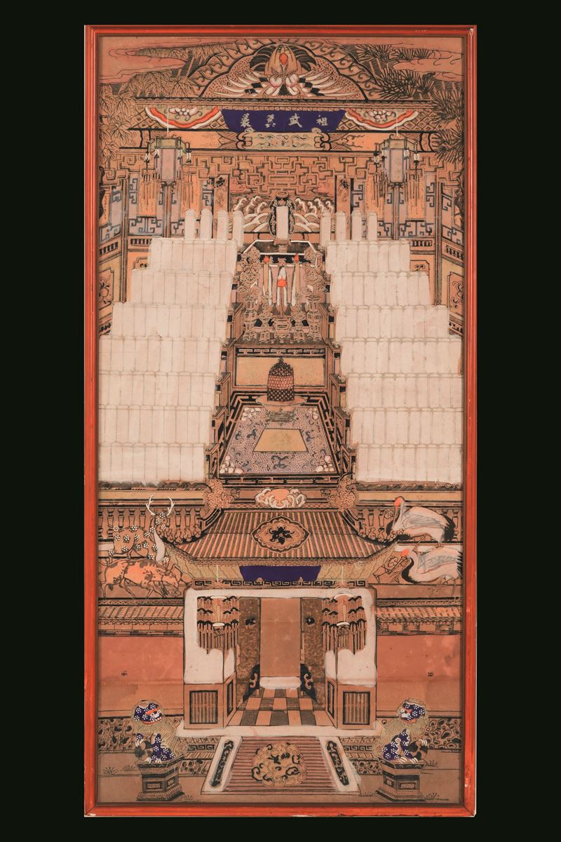 Raro pannello dipinto raffigurante tempio con antenati e iscrizioni, Cina, Dinastia Qing, XIX secolo  - Asta Fine Asian Works of Art - Cambi Casa d'Aste