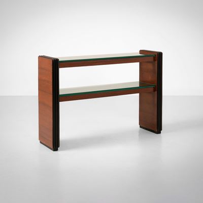 Console, legno impiallacciato e piani in cristallo molato, Italia, circa 1940