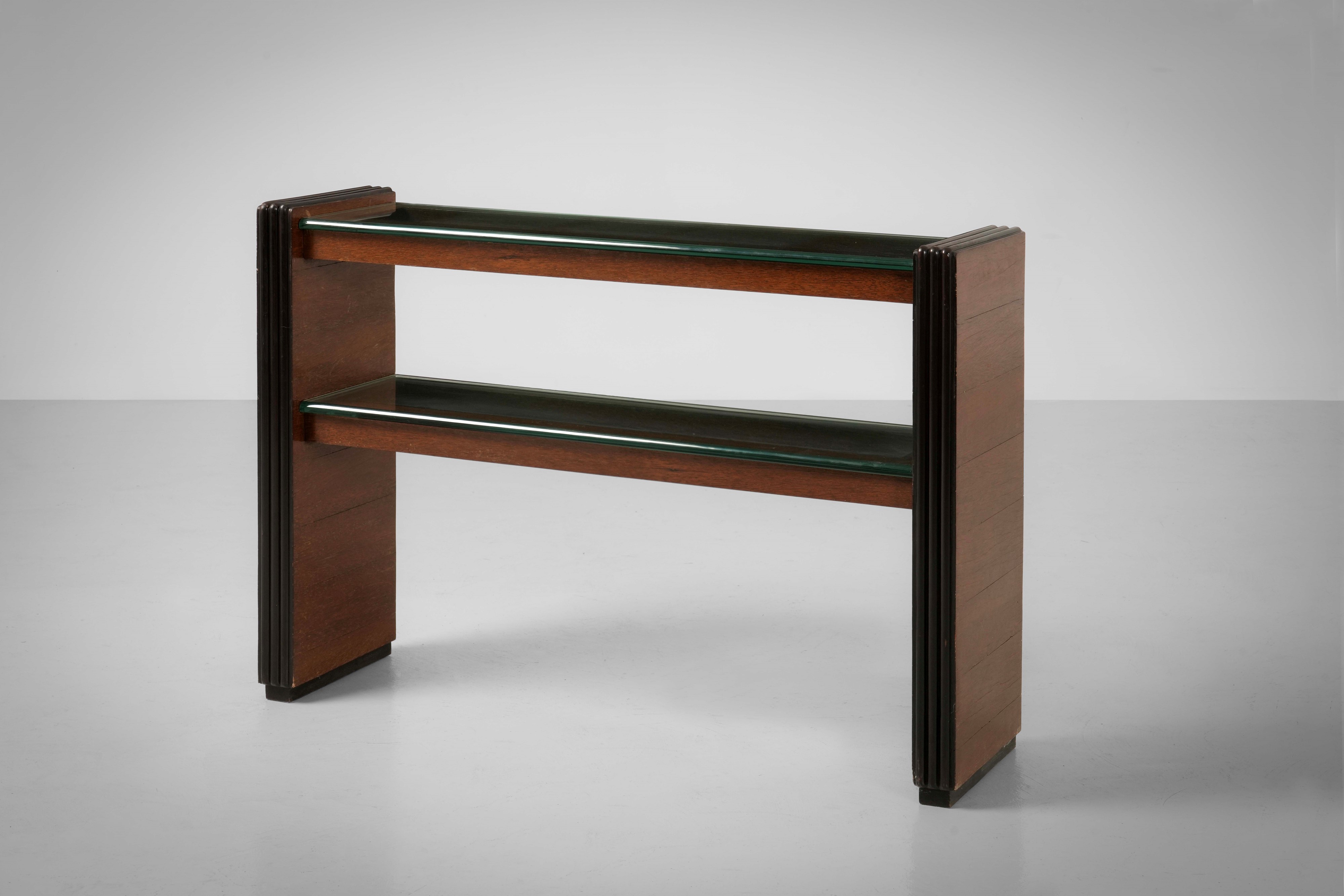 Console, legno impiallacciato e piani in cristallo molato, Italia, circa 1940