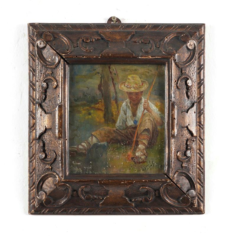 Ignoto del XIX secolo Contadino  - Olio su tela applicato a tavola - Asta Antiquariato - Cambi Casa d'Aste