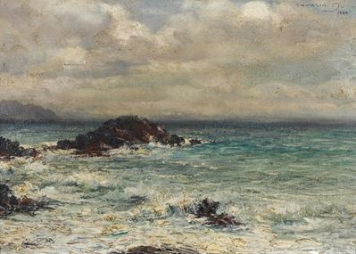 M. Cavalin, Marina con scogli, olio su tavoletta