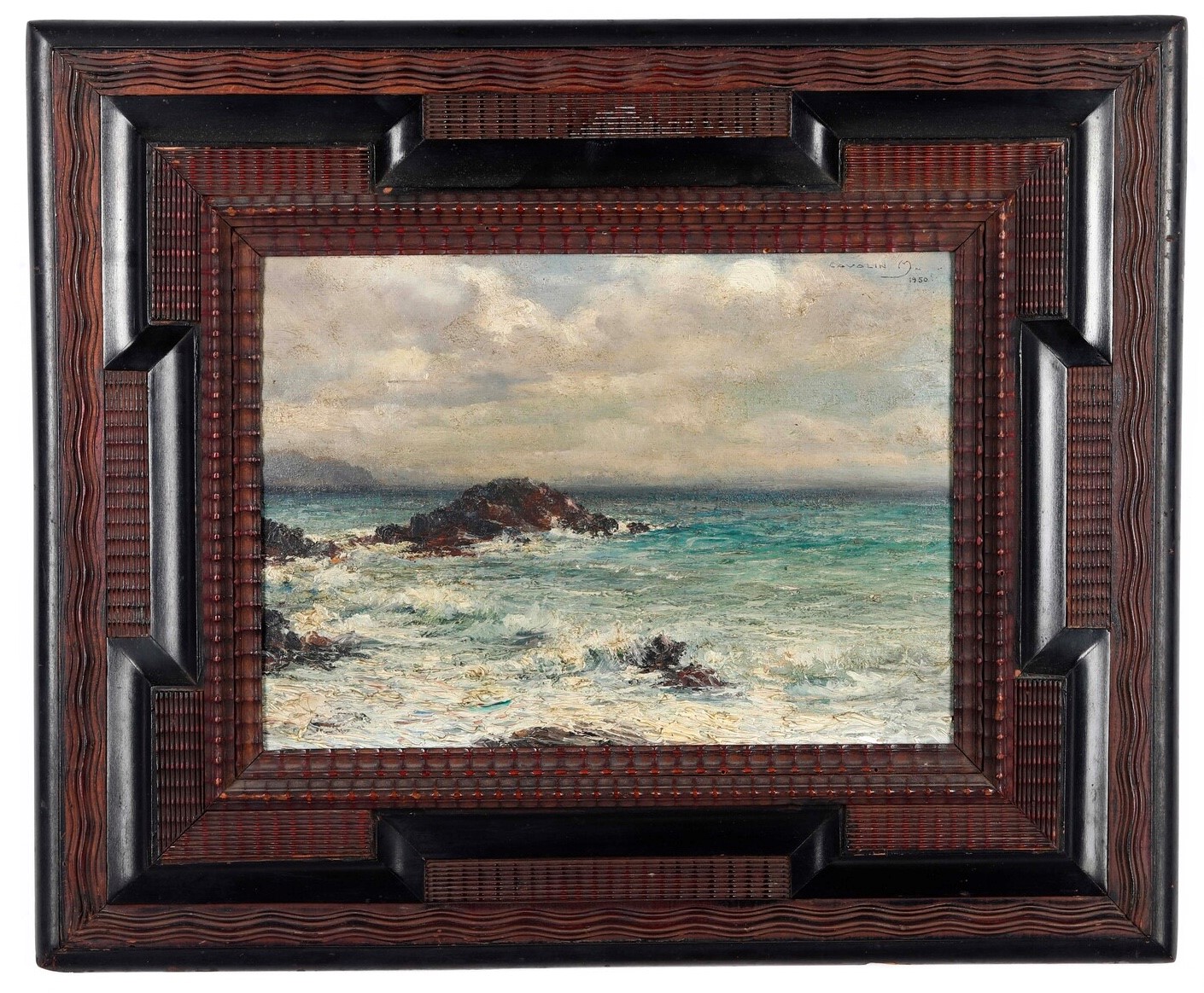 M. Cavalin, Marina con scogli, olio su tavoletta