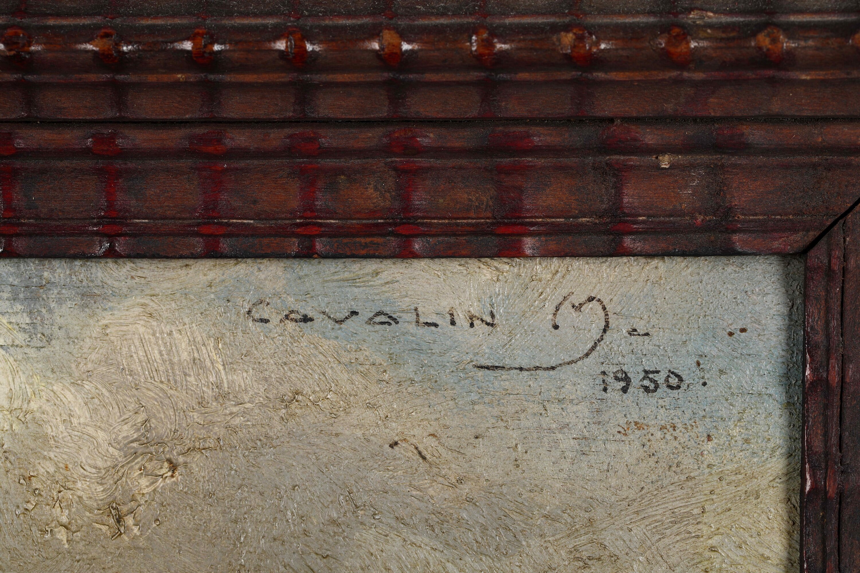 M. Cavalin, Marina con scogli, olio su tavoletta