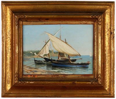 Pittore del XX secolo, Marina con velieri, olio su cartone