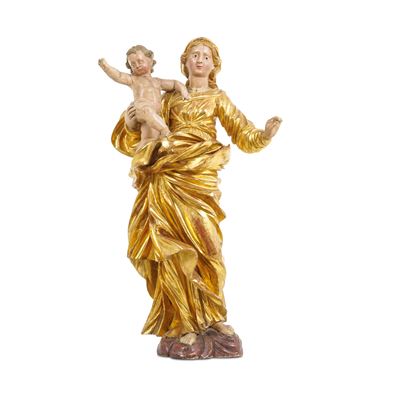 Madonna con Bambino, scultura/figura barocca, legno dipinto e dorato, Italia centro meridionale, ...