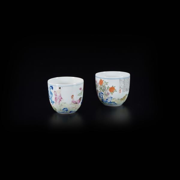 Coppia di tazzine in porcellana raffigurante scena di paesaggio con iscrizioni, Cina, XX secolo