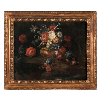 Scuola del XVIII secolo, Paesaggio con vaso di fiori, olio su tela