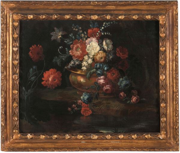 Scuola del XVIII secolo Paesaggio con vaso di fiori