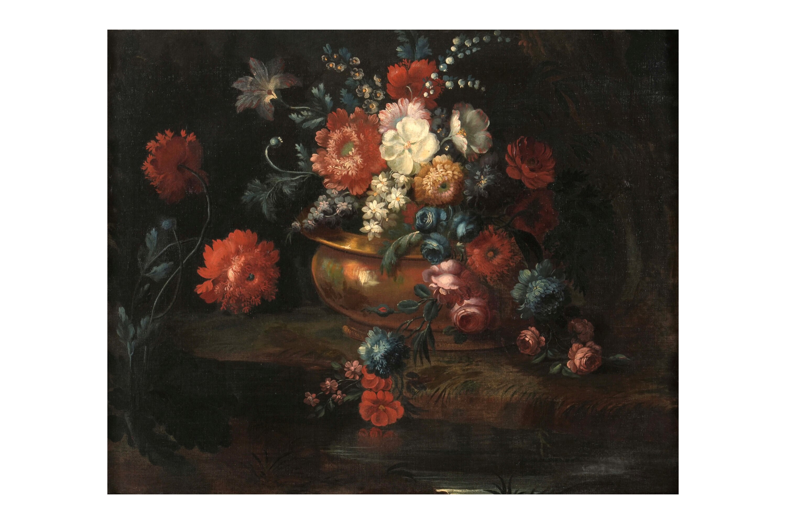 Scuola del XVIII secolo, Paesaggio con vaso di fiori, olio su tela