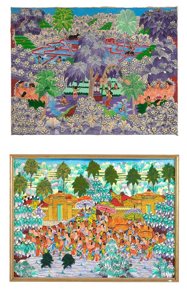 Due dipinti su tela rappresentanti paesaggi con personaggi, arte di Bali