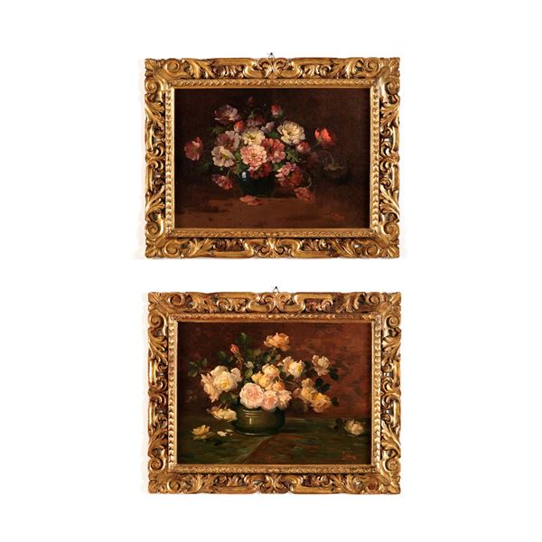 Anonimo del XIX-XX secolo (E. Clara ?) Coppia di nature morte floreali