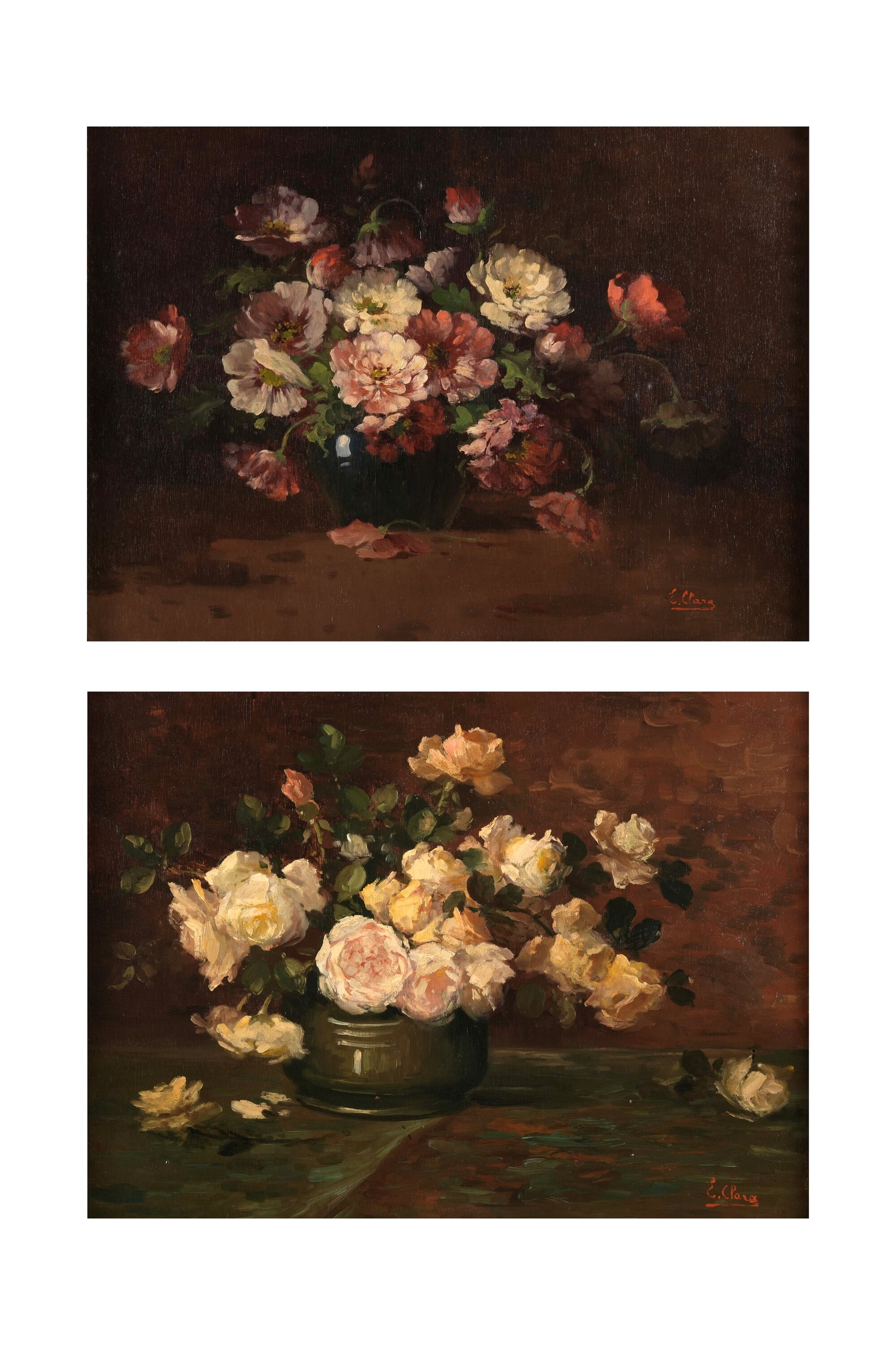 Anonimo del XIX-XX Secolo (e. Clara ?) Coppia di Nature Morte Floreali