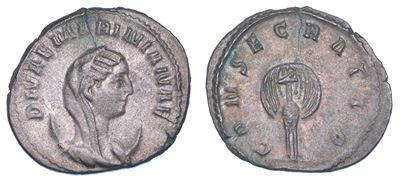 Mariniana, Antoniniano (253-260 d.C.) con Busto drappeggiato e Pavone