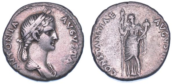 ANTONIA (moglie di Nerone Claudio Druso e madre di Claudio), + 37. Denario, anni 41-45.