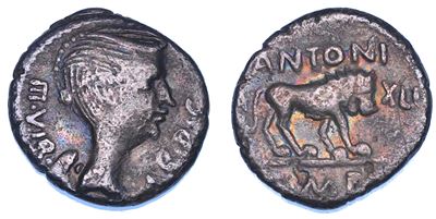 Marco Antonio, Quinario con Bust di Vittoria e Leone, Lugdunum, 42 a.C.
