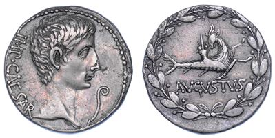 Ottaviano Augusto, Tetradracma cistoforico, circa 27-26 a.C., Pergamo