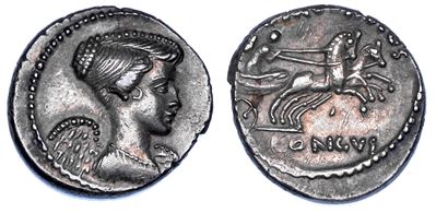 Mussidius Longus, Denario con busto drappeggiato di Fulvia e Vittoria in biga - anno 42